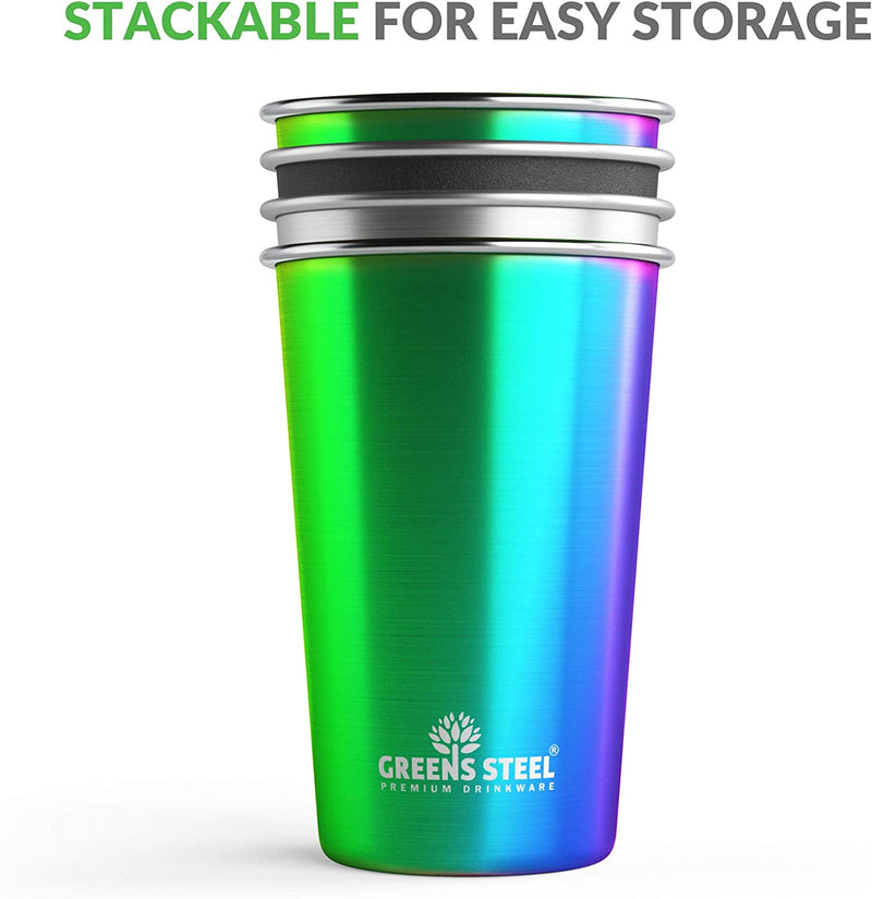 Stainless Steel Cups 16 Oz Pint Tumbler (4 Pack) - Premium Metal Drinking Glasses | Stackable Durable Cup (16 Oz Rainbow) Home & Garden > Kitchen & Dining > Tableware > Drinkware Greens Steel   
