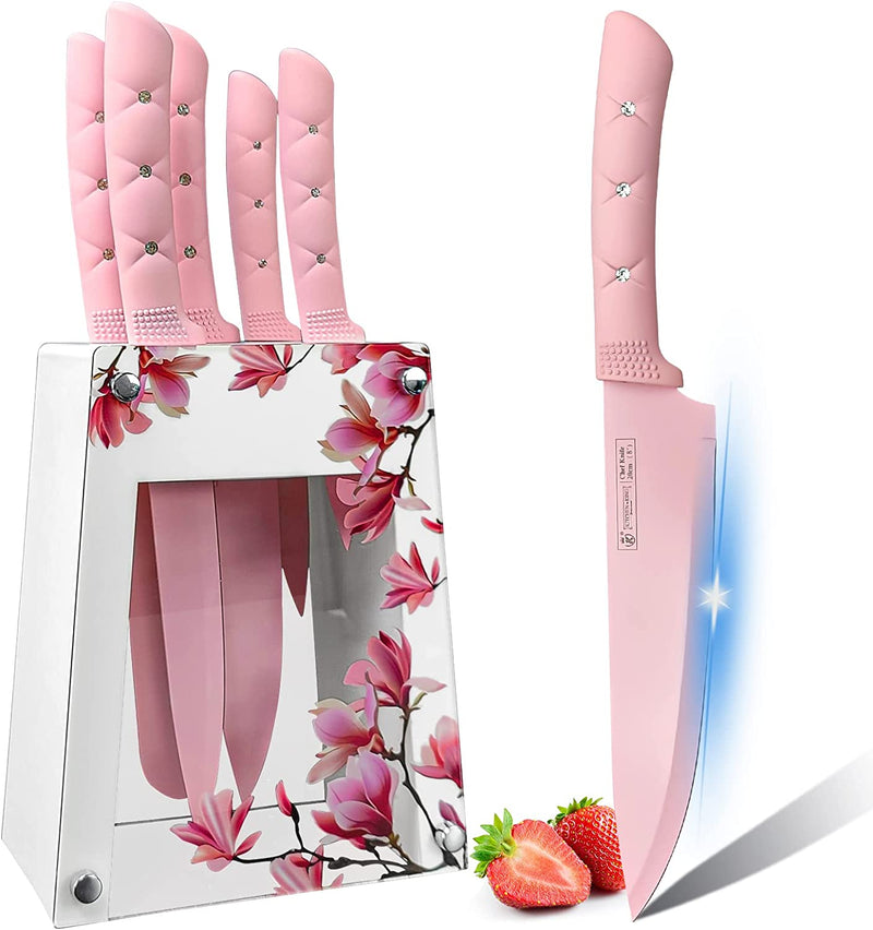 Kitchen Knife Set, Retrosohoo Pink Flower 6PC Stainless Steel Sharp Chef Knife Set with Acrylic Stand, Cooking Non-Slip Knife Set with Block, Non-Stick Colorful Coating Gift for Women Girls (Pink) Home & Garden > Kitchen & Dining > Kitchen Tools & Utensils > Kitchen Knives RETROSOHOO   
