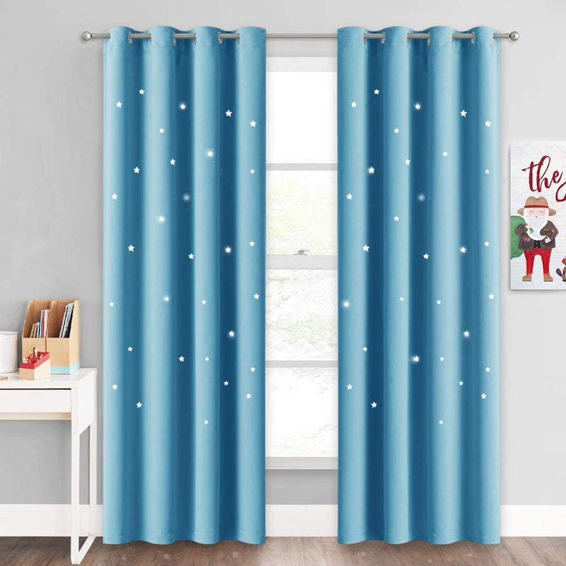 NICETOWN Magic Starry Window Drapes - Laser Cutting Stars Nap Time Blackout Window Curtains for Children'S Room, Nursery, Themed Home, Space-Lovers Decor (W42 X L63 Inches, 2 Pack, Black) Home & Garden > Decor > Window Treatments > Curtains & Drapes NICETOWN Teal Blue W52 x L84 