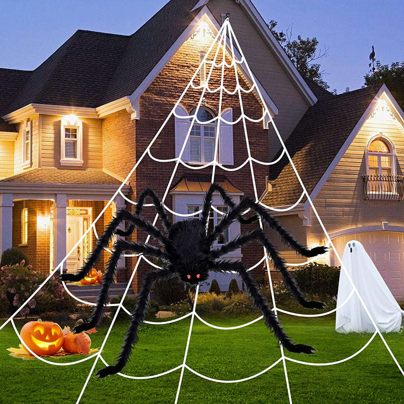 KUCHEY Halloween Decorations Outdoor 200'' Triangular Spider Web+47'' Giant Fake Spiders, Halloween Decor Indoor Clearance for Home outside Yard Costumes Party Haunted House Garden Lawn  HOKOO   