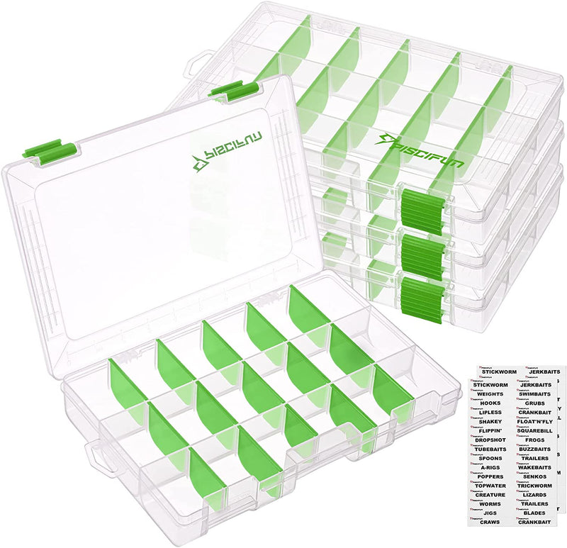Piscifun Fishing Tackle Trays, Plastic Clear Fishing Storage Tackles Boxes with Waterproof Labels, 3600/3700 Removable Dividers Storage Organizer Boxes, 2 Packs/4 Packs Sporting Goods > Outdoor Recreation > Fishing > Fishing Tackle Piscifun green 3600-4 Packs 