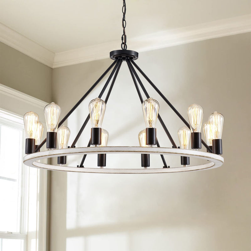 Saint Mossi Antique Painted Metal Chandelier Lighting with 12 Lights,Rustic Vintage Farmhouse Pendant Lighting Wagon Wheel Chandelier,Black Finish,H20 X D32 with Adjustable Chain Home & Garden > Lighting > Lighting Fixtures > Chandeliers SM Saint Mossi White Ash Wood with Black  