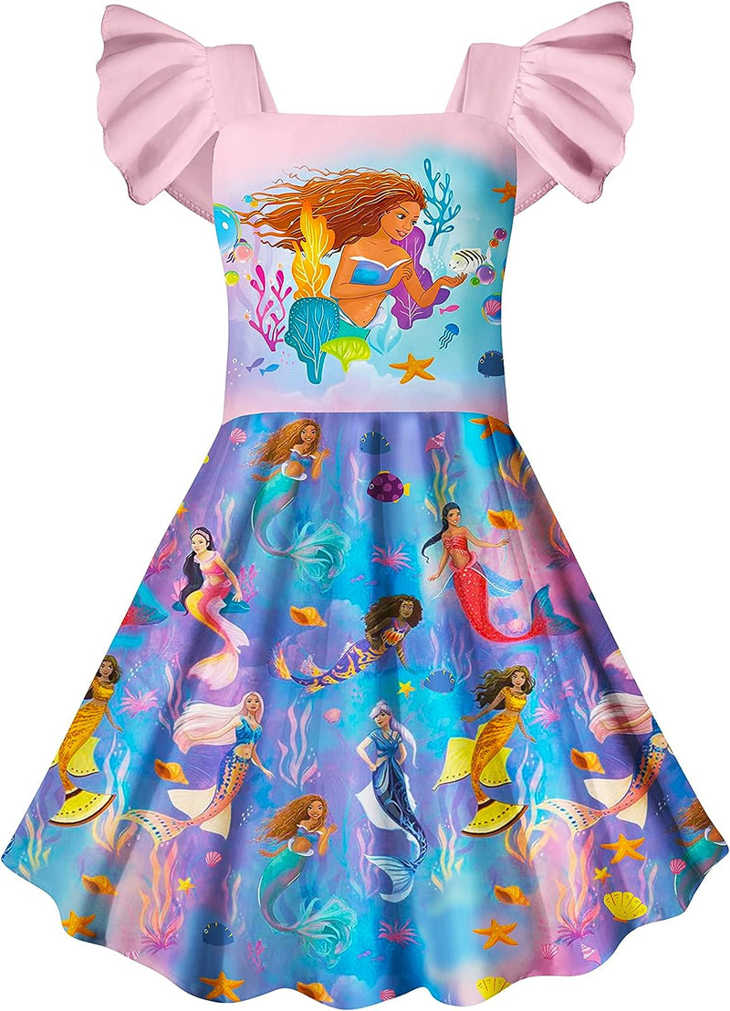 Little Girls Mermaid 2023 Costume Princess Dress up Clothes for Girls Ruffles Sleeve Home Shirt Wear for Kids  QASALOP D-Dress-Blue 5-6 Years 