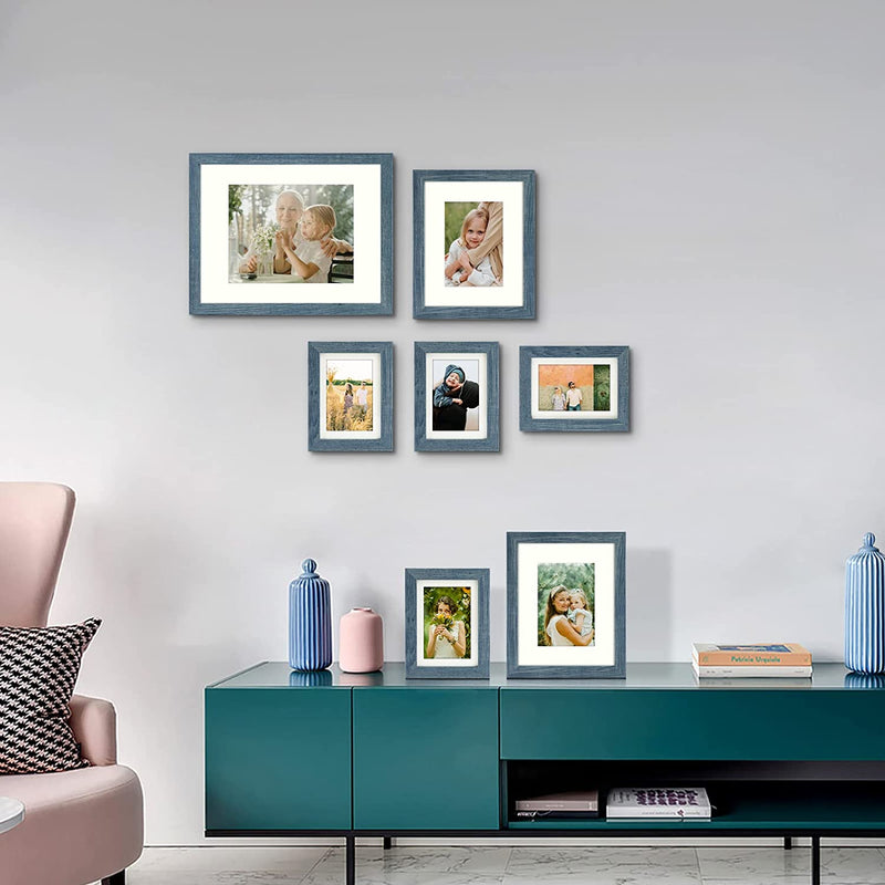 Frametory, Gallery Wall Frame Set of 7 Multiple Sizes 11X14, 8X10, 5X7 Picture Frame Collage with Ivory Color Mat for Prints, with Real Glass (Blue) Home & Garden > Decor > Picture Frames Frametory   