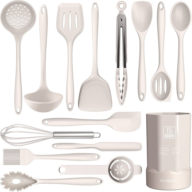 Dishwasher Safe Silicone Cooking Utensils Set - 446°F Heat Resistant Basic Silicone Kitchen Utensils,Turner Tongs, Spatula, Spoon, Brush, Whisk, Gadgets Tools for Nonstick Cookware (BPA Free - Grey) Home & Garden > Kitchen & Dining > Kitchen Tools & Utensils AVGPD Khaki  