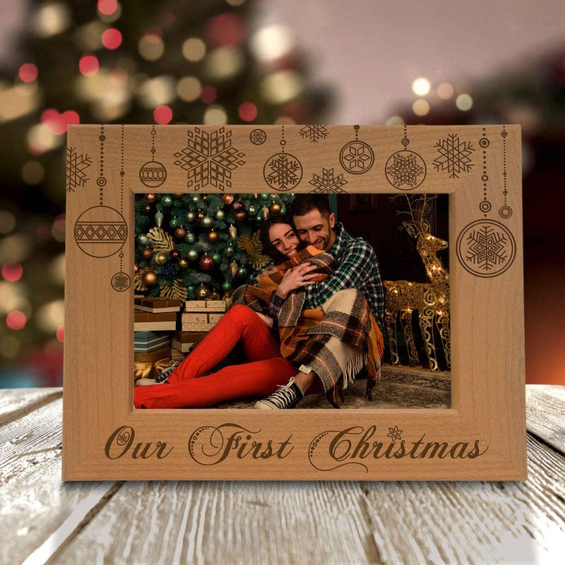 KATE POSH - Our First Christmas Engraved Natural Wood Picture Frame - First Christmas Together Gifts, First Christmas as Husband and Wife, Gifts for Newlyweds, for Couples (4X6-Horizontal)