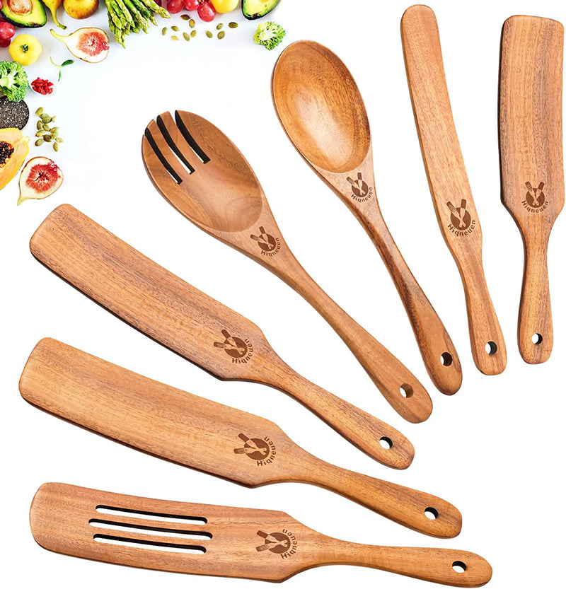 Spurtles Kitchen Tools as Seen on TV, 7Pcs Wooden Spurtle Set Spatula Set, Natural Premium Acacia Wooden Spoons for Cooking Heat Resistant Cooking Utensil for Nonstick Cookware, Salad, Mixing, Serving