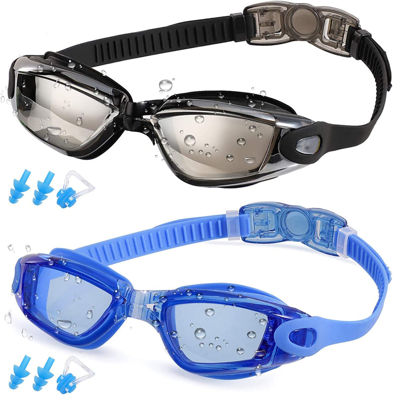RGIOMA Swim Goggles, Pack of 2 Swimming Goggles No Leaking anti Fog UV Protection for Adult Men Women Youth Teens Sporting Goods > Outdoor Recreation > Boating & Water Sports > Swimming > Swim Goggles & Masks RGIOMA 02.black & Blue(mirror & Clear Lens)  