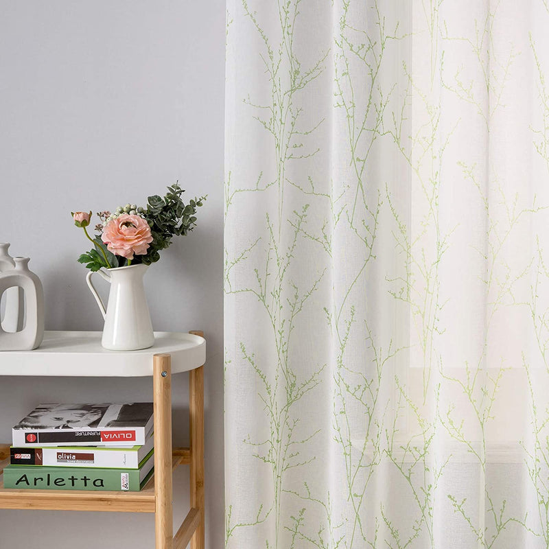 MIULEE Sheer Curtains 84 Inches Long Grommet Top Green Tree Branch White Curtain 2 Panels Window Curtains Tree Pattern for Living Room