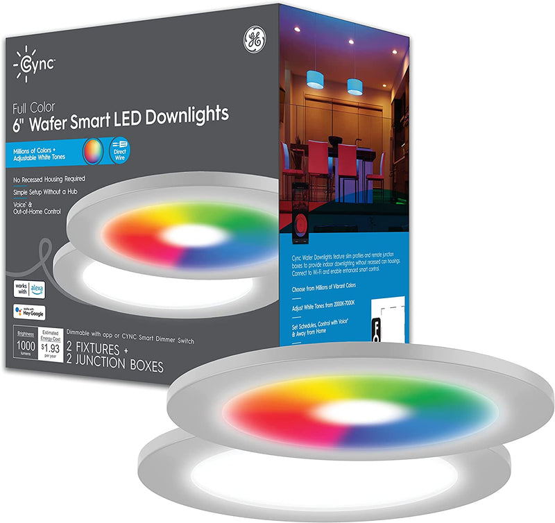 GE CYNC Smart LED Wafer Downlights, Color Changing and White Tones Wafer Lights, No Recessed Housing Required, 4 Inches (Pack of 3) (CFIXCNLR4C1-OT) Home & Garden > Lighting > Flood & Spot Lights GE 6 Inches 2 Pack 
