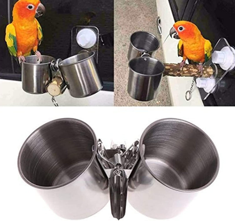 Bird Food Water Bowl Double Cups with Clamp Stainless Steel Parrot Feeder (Size:L) Animals & Pet Supplies > Pet Supplies > Bird Supplies > Bird Cage Accessories > Bird Cage Food & Water Dishes Saycker   