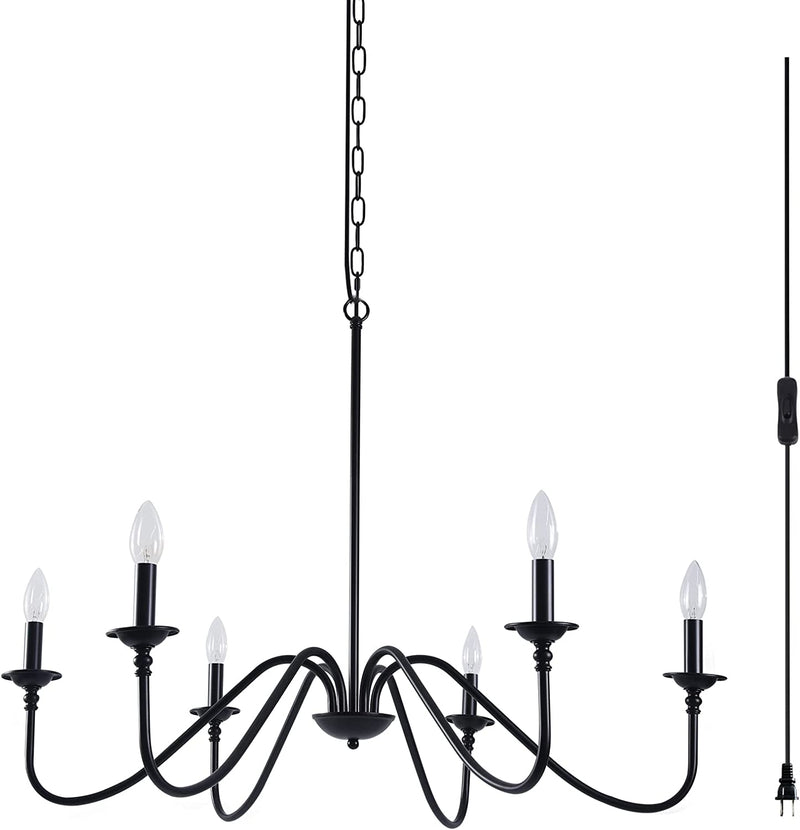 HOXIYA Farmhouse Candle Chandelier 34.6" Light Fixture, Plug in Black 6-Light Pendant Lighting Rustic Industrial Classic Ceiling Mount for Home Lamp, Dining Room, Kitchen, Office, Living Room, Foyer Home & Garden > Lighting > Lighting Fixtures > Chandeliers HOXIYA Plug in  