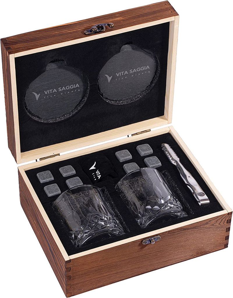Luxury Whiskey Glass Set of 2, Gift Set in Wooden Box, Includes 8 Whiskey Ice Stones, Velvet Bag and Stainless Steel Tongs. Great Gift for Men, Dad, Christmas. (10 Oz Glass W/ Coasters) Home & Garden > Kitchen & Dining > Barware Vita Saggia 10 Oz Glass w/ Coasters  
