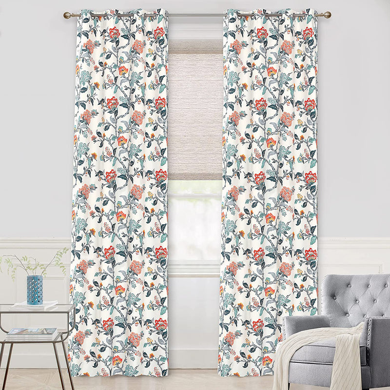 Driftaway Ada Floral Botanical Print Flower Leaf Lined Thermal Insulated Room Darkening Blackout Grommet Window Curtains 2 Layers Set of 2 Panels Each 52 Inch by 84 Inch Ivory Orange Teal Home & Garden > Decor > Window Treatments > Curtains & Drapes DriftAway Ivory Orange Teal 52"x120" 