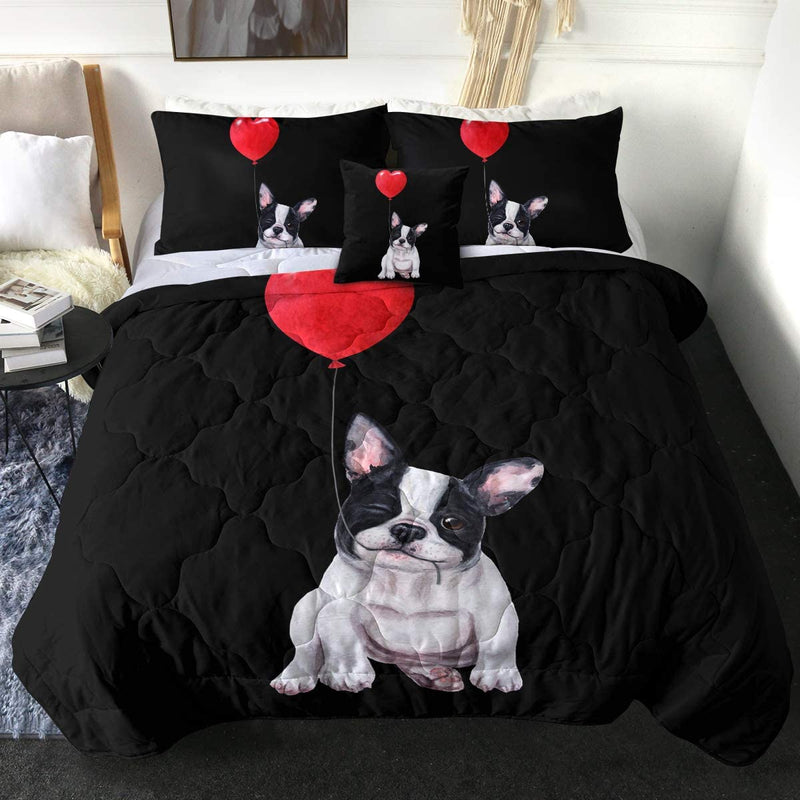 Sleepwish Valentines Day Comforter Set Pug Pink Heart Quilt Set for Queen Bed 4 Piece Dogs Pattern Quilt Sets Cute Animals Bedding Sets with 2 Pillow Shams and 1 Cushion Cover Gifts for Women Him Her Home & Garden > Linens & Bedding > Bedding Youhao 11 Full 