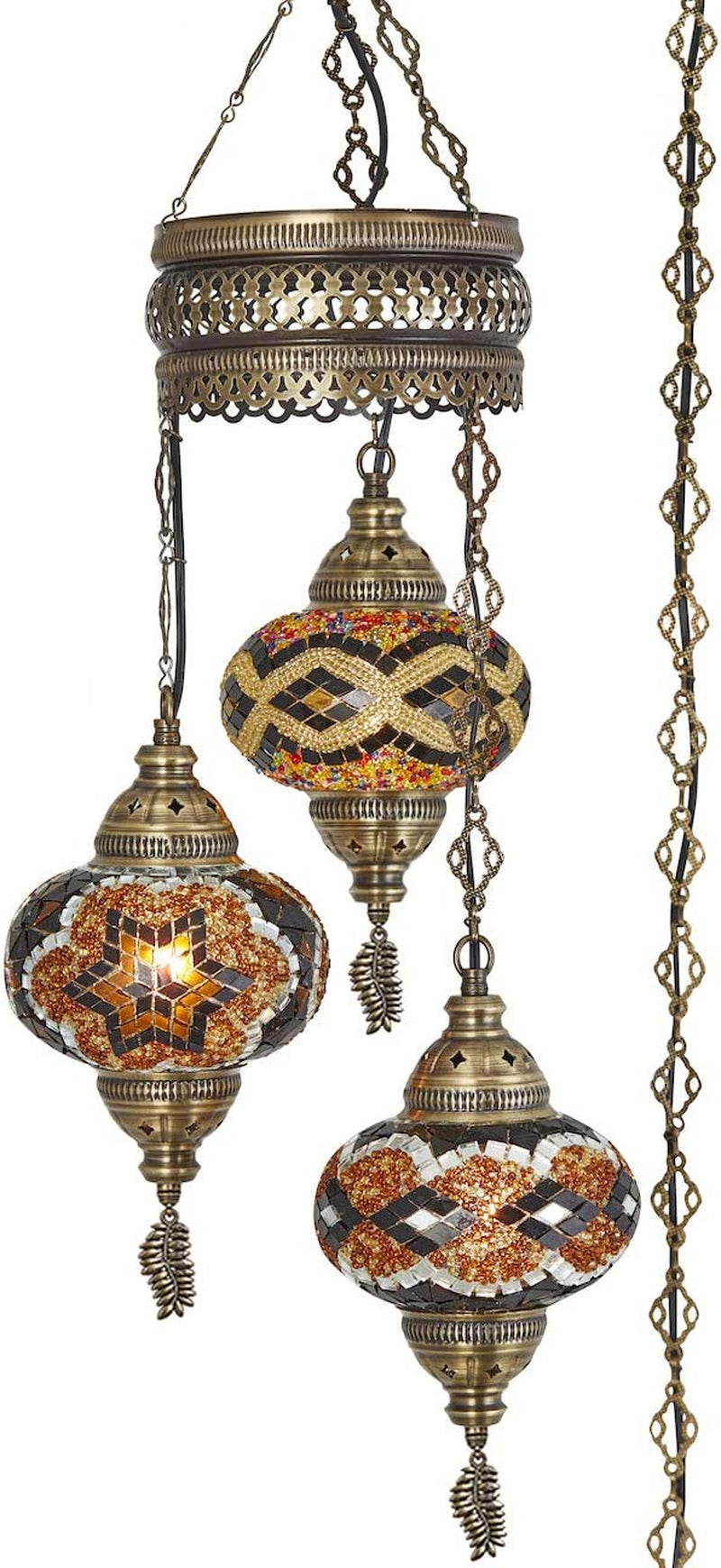 DEMMEX Turkish Moroccan Mosaic Hardwired or Swag Plug in Chandelier Light Ceiling Hanging Lamp Pendant Fixture, 3 Big Globes (3 X 7 Globes Swag)