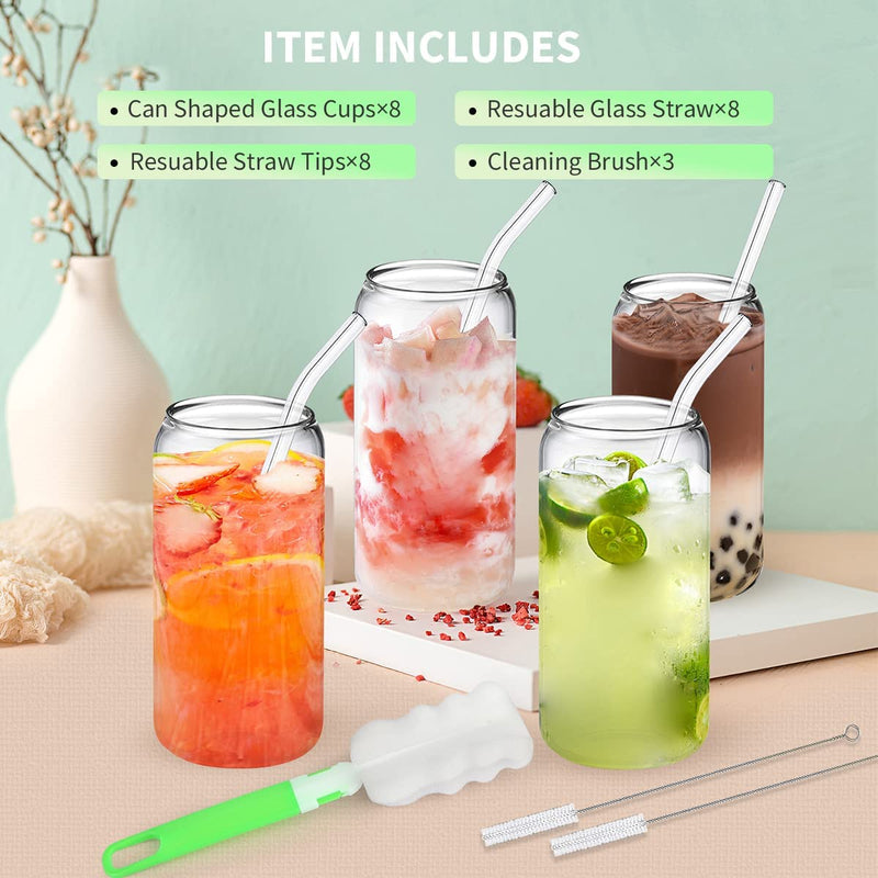 Drinking Glasses with Glass Straw 8Pcs Set, 16Oz Clear Can Shaped Glass Cups, Beer Glasses, Iced Coffee Glass, Cocktail Glass, Whiskey Glass, Unique Cute Glass Set Gift, Cleaning Brushes & Straw Tips Home & Garden > Kitchen & Dining > Tableware > Drinkware YKIOKE   