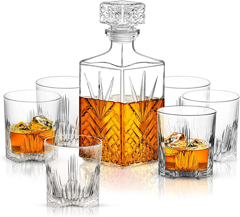 Paksh Novelty 7-Piece Italian Crafted Glass Decanter & Whisky Glasses Set, Elegant Whiskey Decanter with Ornate Stopper and 6 Exquisite Cocktail Glasses Home & Garden > Kitchen & Dining > Barware Paksh Novelty A  