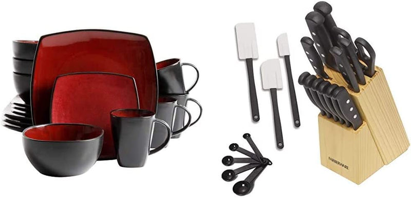 Gibson Elite Soho Lounge 16-Piece Square Reactive Glaze Dinnerware Set, Red & Farberware 5152501 22-Piece Never Needs Sharpening Triple Rivet High-Carbon Stainless Steel Cutlery Set, Assorted