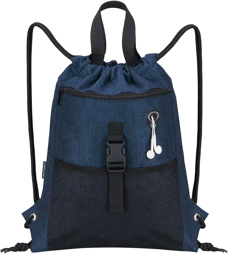 LIVACASA Drawstring Bag Gym with Pockets Sports Sack with Handle Drawstring Backpack Travel for Men Women Home & Garden > Household Supplies > Storage & Organization LIVACASA Dark Blue  