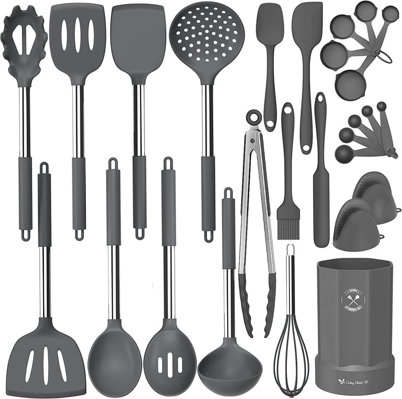 Silicone Kitchen Cooking Utensil Set, 27Pcs Non-Stick Kitchen Utensils Spatula Set with Stainless Steel Handles, Heat Resistant Kitchen Tool Set with Measuring Cups, Silicone Gloves (Black) Home & Garden > Kitchen & Dining > Kitchen Tools & Utensils CACOLES Gray  