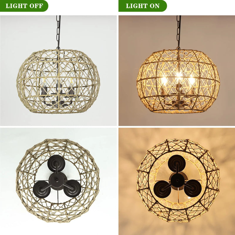 Depuley Rustic Woven Pendant Light, 3-Light Metal Basket Hanging Lights Fixture with Hemp Rope Finish, 39 Inch Adjustable Chain Vintage Chandeliers for Kitchen/Dining Table/Living Room, E12, UL Listed