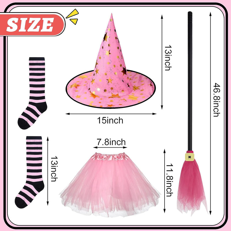 Panitay 4 Pcs Halloween Toddler Witch Costume for Girls Includes Pink Tutu Cute Witch Hat and Broom Striped Witch Socks for Girls Accessories Halloween Costumes for Kids Toddler, Pink