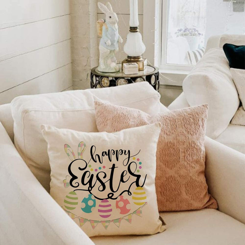 AENEY Easter Pillow Covers 18X18 Set of 4 Easter Decor for Home Buffalo Plaid Happy Easter Bunny Easter Eggs Basket Easter Pillows Decorative Throw Pillows Farmhouse Easter Decorations A337-18 Home & Garden > Decor > Seasonal & Holiday Decorations AENEY   