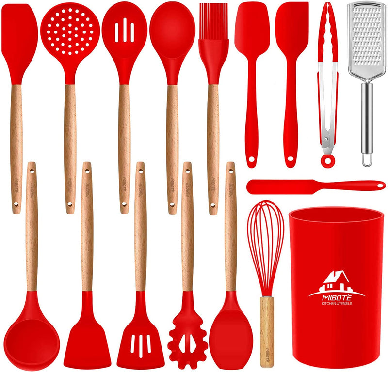 MIBOTE 17 Pcs Silicone Cooking Kitchen Utensils Set with Holder, Wooden Handles Cooking Tool BPA Free Turner Tongs Spatula Spoon Kitchen Gadgets Set for Nonstick Cookware (Teal) Home & Garden > Kitchen & Dining > Kitchen Tools & Utensils MIBOTE 6-Red  