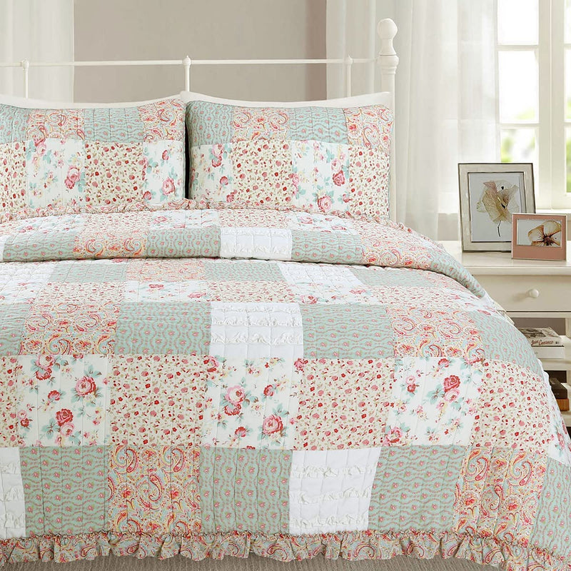 Cozy Line Home Fashions 100% Cotton Real Patchwork Pink Blue Green Reversible Quilt Bedding Set, Bedspread, Coverlet (Pink Plaid, Twin - 2 Piece) Home & Garden > Linens & Bedding > Bedding Cozy Line Home Fashions Sweet Roses Queen - 3 Piece 