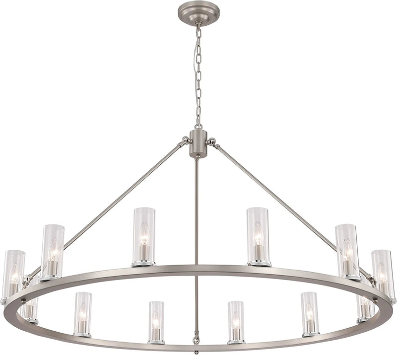 ARTROEE W47" Rustic Wagon Wheel Chandelier Farmhouse Large round Chandeliers Nickel Metal Rod Iron Light Fixture with Clear Glass Shades for High Ceiling Living Room Foyer Home & Garden > Lighting > Lighting Fixtures > Chandeliers ARTROEE Round W47 Inch 12-light Nickel  
