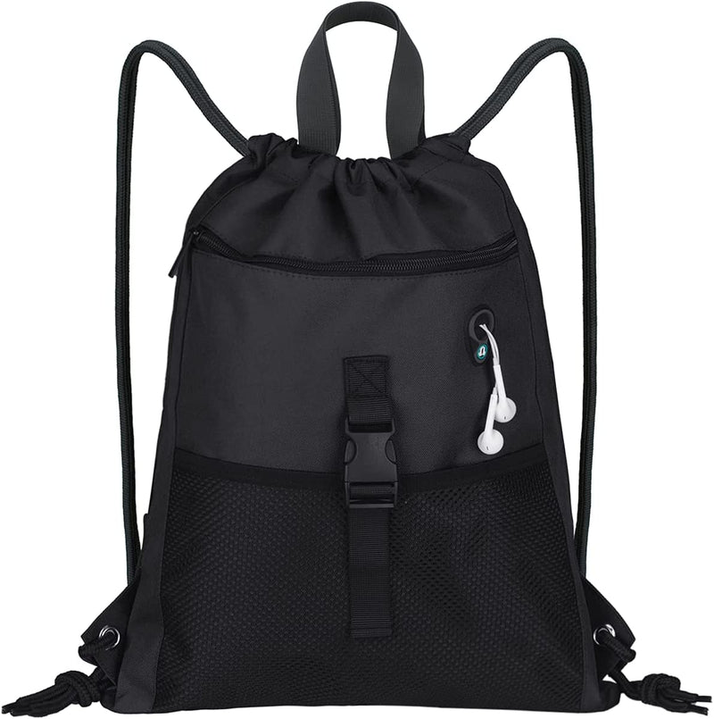 LIVACASA Drawstring Bag Gym with Pockets Sports Sack with Handle Drawstring Backpack Travel for Men Women Home & Garden > Household Supplies > Storage & Organization LIVACASA Pure Black  