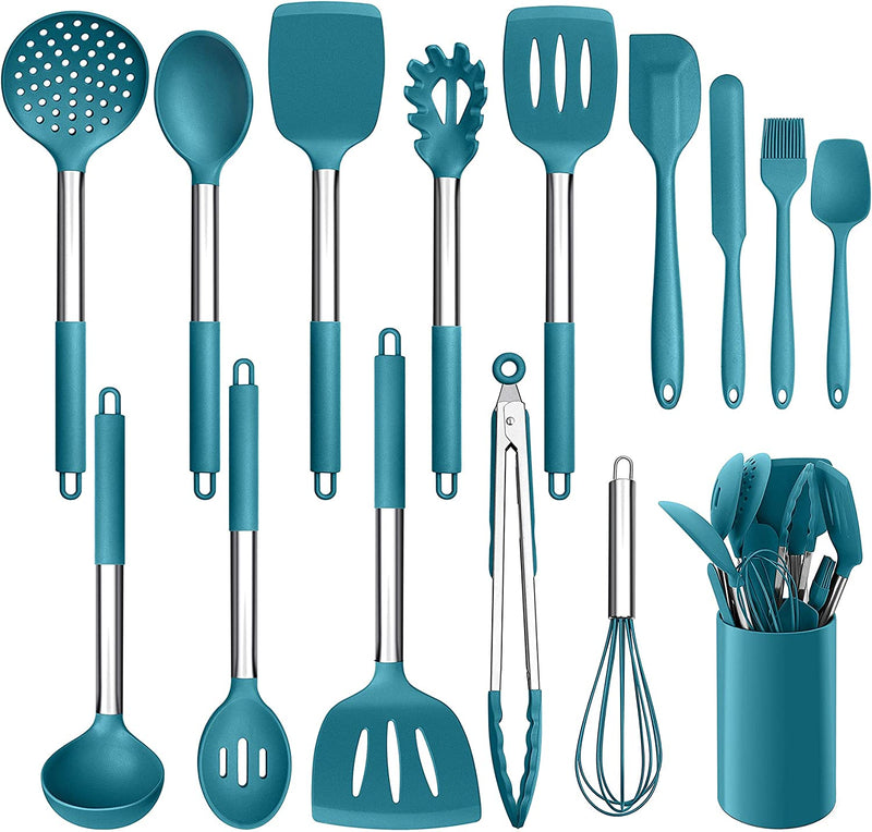LIANYU 15-Piece Cooking Kitchen Utensils Set with Holder, Silicone Kitchen Tools Stainless Steel Handle, Slotted Spatula Spoon Turner Tong Whisk Brush for Cooking, Red Home & Garden > Kitchen & Dining > Kitchen Tools & Utensils LIANYU Dark Blue  