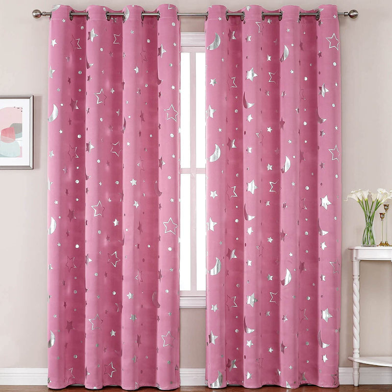 Navy Blue Blackout Galaxy Curtains 84 Inch for Nursery Bedroom, Soundproof Kids Room Darkening Grommet Constellation Curtain Drapes 2 Panels for Living/Dining Room Home & Garden > Decor > Window Treatments > Curtains & Drapes WUBODTI Pink 52×84 