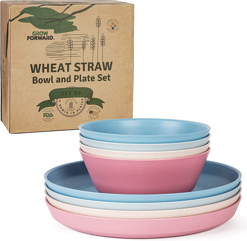 Grow Forward Premium Wheat Straw Dinnerware Sets - 8 Piece Unbreakable Microwave Safe Dishes - Reusable Wheat Straw Plates and Bowls Sets - Wheat Straw Bowls for Cereal, Soup, Camping, RV - Midnight Home & Garden > Kitchen & Dining > Tableware > Dinnerware Grow Forward Coral Reef  