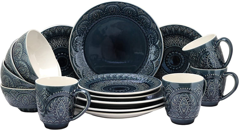 Elama Decorated round Stoneware Deep Embossed Dinnerware Dish Set, 16 Piece, Dark Navy Blue Home & Garden > Kitchen & Dining > Tableware > Dinnerware Elama Dark Navy Blue 16 Piece 