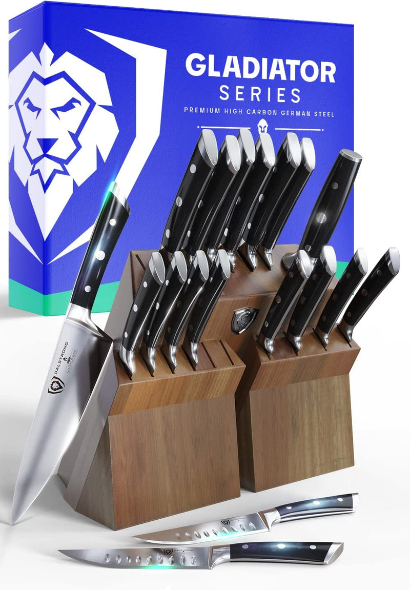 DALSTRONG Knife Set Block - 18-Pc Colossal Knife Set - Gladiator Series - German HC Steel - Acacia Wood Stand - White ABS Handles - NSF Certified Home & Garden > Kitchen & Dining > Kitchen Tools & Utensils > Kitchen Knives Dalstrong Black 18 Piece 