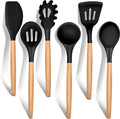 Cooking Utensils Set of 6, E-Far Silicone Kitchen Utensils with Wooden Handle, Non-Stick Cookware Friendly & Heat Resistant, Includes Spatula/Ladle/Slotted Turner/Serving Spoon/Spaghetti Server(Black) Home & Garden > Kitchen & Dining > Kitchen Tools & Utensils E-far Black 6 