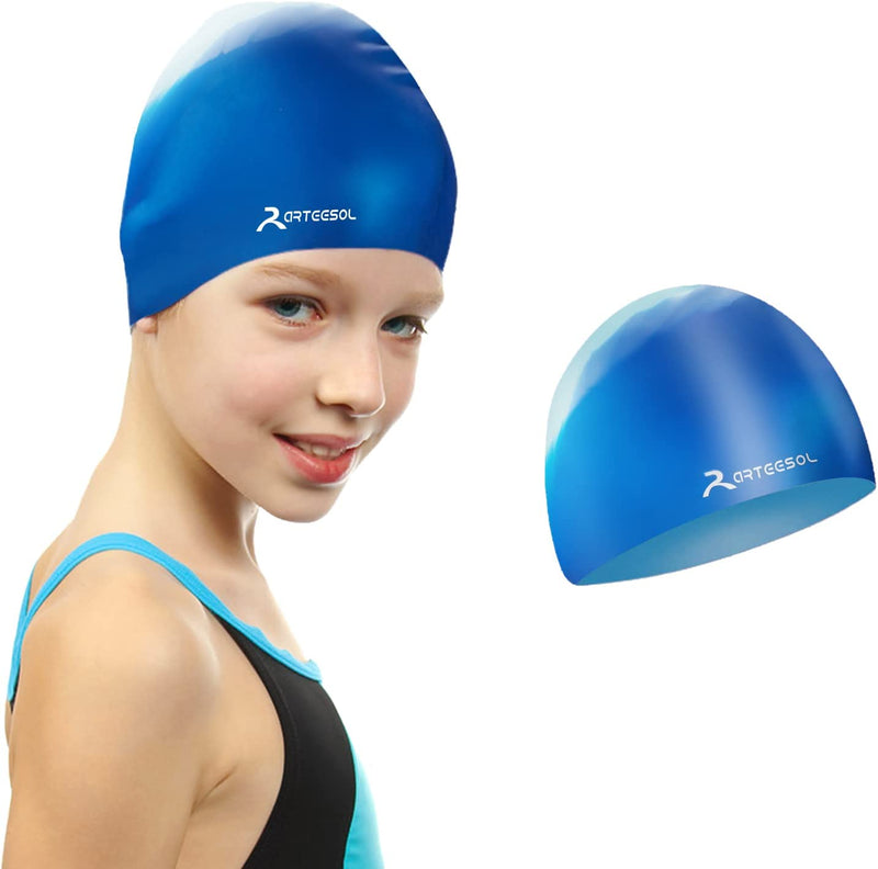Swim Cap Kids - Silicone Swimming Cap for Kids for Long Hair Waterproof Kids Swim Cap Comfortable Fit for Boys Girls Children Junior Aged 5-17 Sporting Goods > Outdoor Recreation > Boating & Water Sports > Swimming > Swim Caps Blackace arteesol Sea Small 