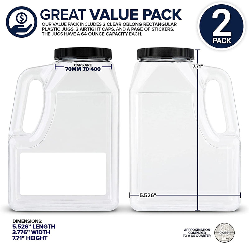Half Gallon Clear Plastic Jug (2 Pack) - BPA Free 64 Ounce Jug - Wide Mouth Jug - Easy Grip Handle - Airtight Caps with Foam Liner - PETG Oblong Rectangular Jug - Labels Included - Stock Your Home Home & Garden > Decor > Decorative Jars Stock Your Home   
