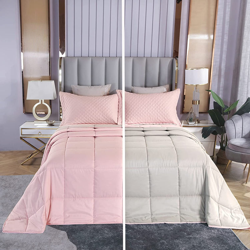 SOULOOOE Oversized California King plus Comforter 120X120 Extra Large King Size Quilts 3 Pieces Lightweight Reversible down Alternative Bedspreads for All Season with 8 Corner Tabs Blanket Grey Home & Garden > Linens & Bedding > Bedding > Quilts & Comforters SOULOOOE Pink/Light Grey Oversized King Plus 