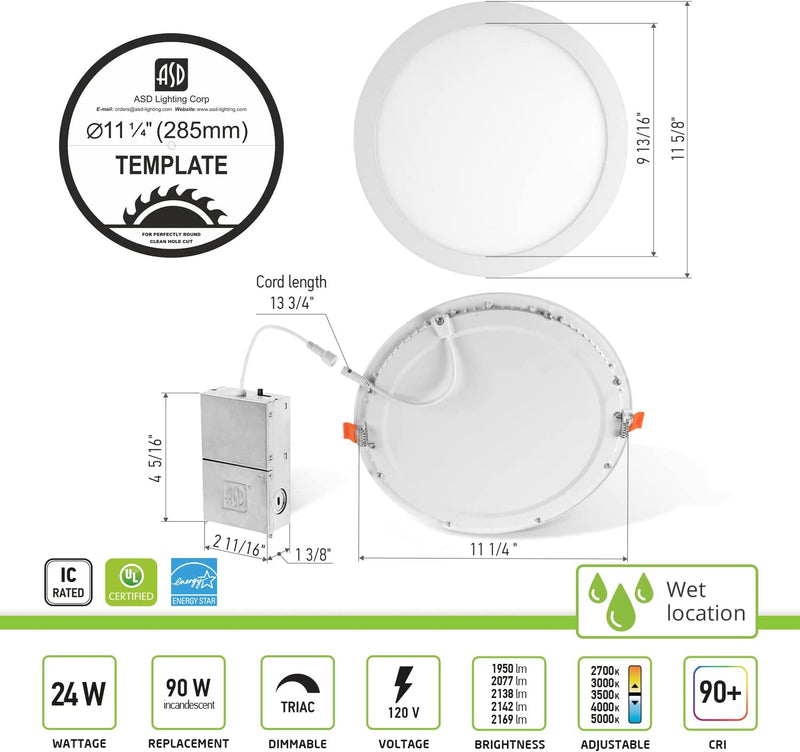 ASD 12 Inch LED Recessed Light, 5 CCT 2700K-5000K Selectable, 24W 90W Eqv, Dimmable Ultra-Thin Canless round Ceiling Wafer Downlight with Junction Box, 2169Lm High Brightness - UL Energy Star Home & Garden > Lighting > Flood & Spot Lights ASD   