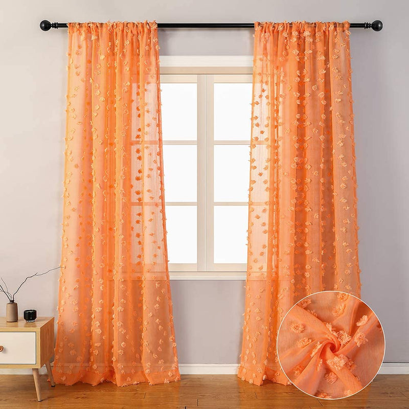 MYSKY HOME Pink Pom Pom Sheer Curtains for Bedroom Light Filtering Semi-Sheer Curtains for Nursery Girls Kids Room Rod Pocket Boho Voile Window Draperies Pink 38 X 45 Inch 2 Panels Home & Garden > Decor > Window Treatments > Curtains & Drapes MYSKY HOME Orange 54W x 96L 