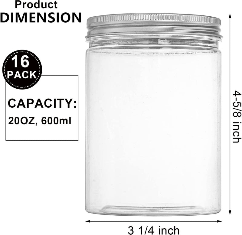Tebery 16 Pack Clear Plastic Jars Bottles Containers with Silver Ribbed Lids 20Oz Straight Cylinders Storage Canisters for Food & Home Storage Home & Garden > Decor > Decorative Jars Tebery   