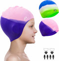 2 Pack Kids Swim Caps for Boys Girls, Durable Silicone Swimming Cap with 3D Ear Pockets for Age 3-15 Toddler Child Youth Teen, Unisex Swim Bath Hats for Short/Long Hair with Ear Plugs Nose Clip Sporting Goods > Outdoor Recreation > Boating & Water Sports > Swimming > Swim Caps Alepo Purple Age 3-8 