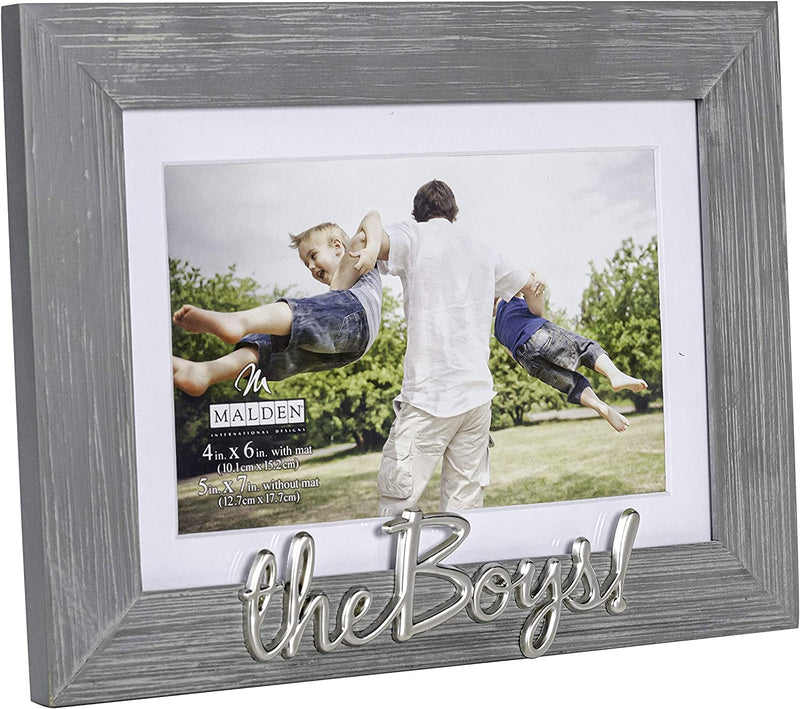 Malden International Designs 4X6 or 5X7 the Boys! Distressed Expressions Picture Frame Silver Finish the Boys! Word Attachment Gray Textured Wood Grain Finish MDF Frame White Beveled Mat Home & Garden > Decor > Picture Frames Malden International Designs   