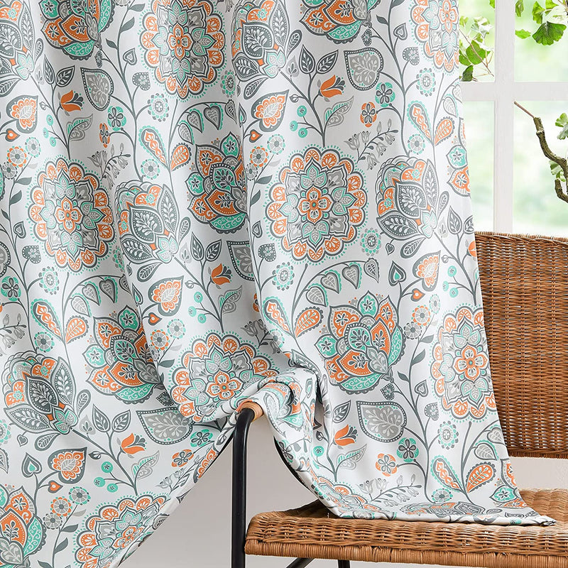 Full Blackout Curtains for Living-Room 84Inch Length Orange and Teal Jacobean Design Thermal Insulated Window Panels for Bedroom Vintage Floral Multi Curtain Panels Country Flower Grommet Top 2Pcs Home & Garden > Decor > Window Treatments > Curtains & Drapes FMFUNCTEX Jacobean/ Orange 50"W x 63"L 