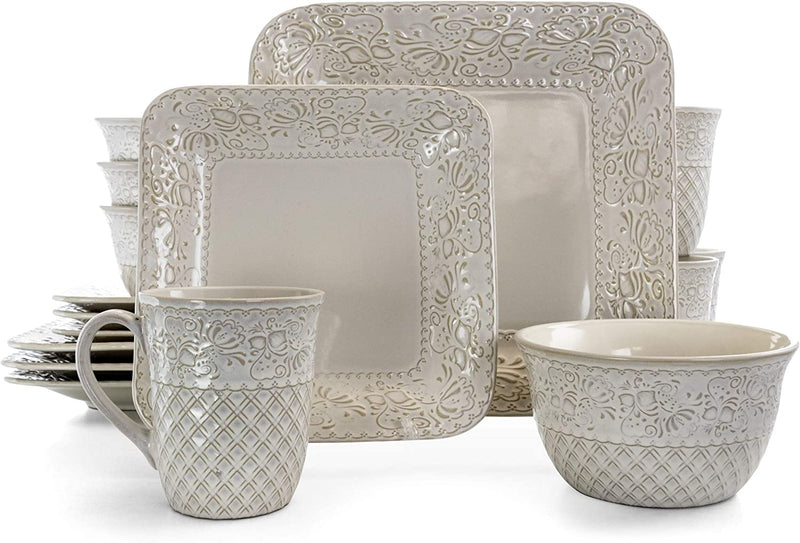 Elama Contemporary Square Embossed Stoneware Dinnerware Dish Set, 16 Piece, Ivory White
