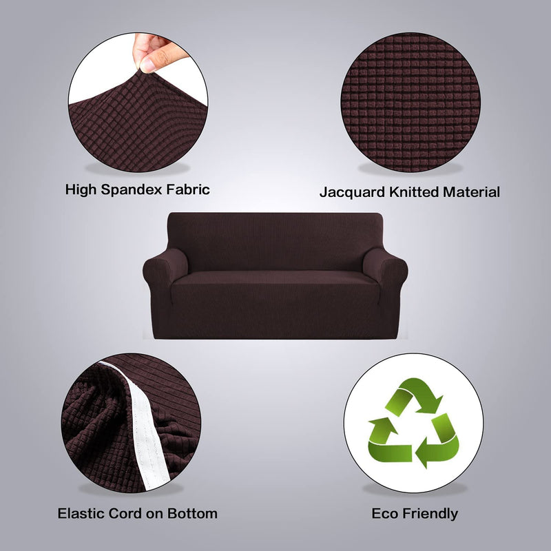 H.VERSAILTEX Stretch Sofa Covers for 3 Cushion Couch Covers Sofa Slipcovers for Living Room Feature Thick Checked Jacquard Fabric with Elastic Bottom, Sofa Large - Chocolate