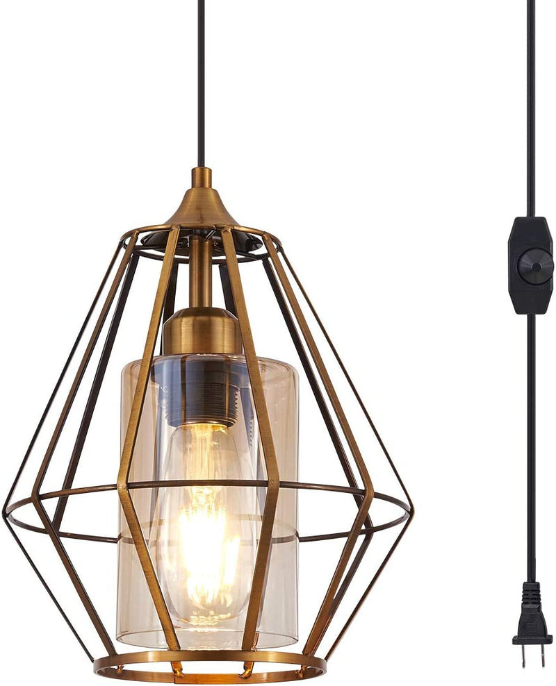 YLONG-ZS Hanging Lamps Crystal White Swag Lamp Rustic Pendant Light Plug in 16.4 FT Cord Hanging Pendant Light Cage In-Line On/Off Dimmer Switch for Kitchen Island, Dining Room,Black Finish Home & Garden > Lighting > Lighting Fixtures YLONG-ZS Yl08-bronze  